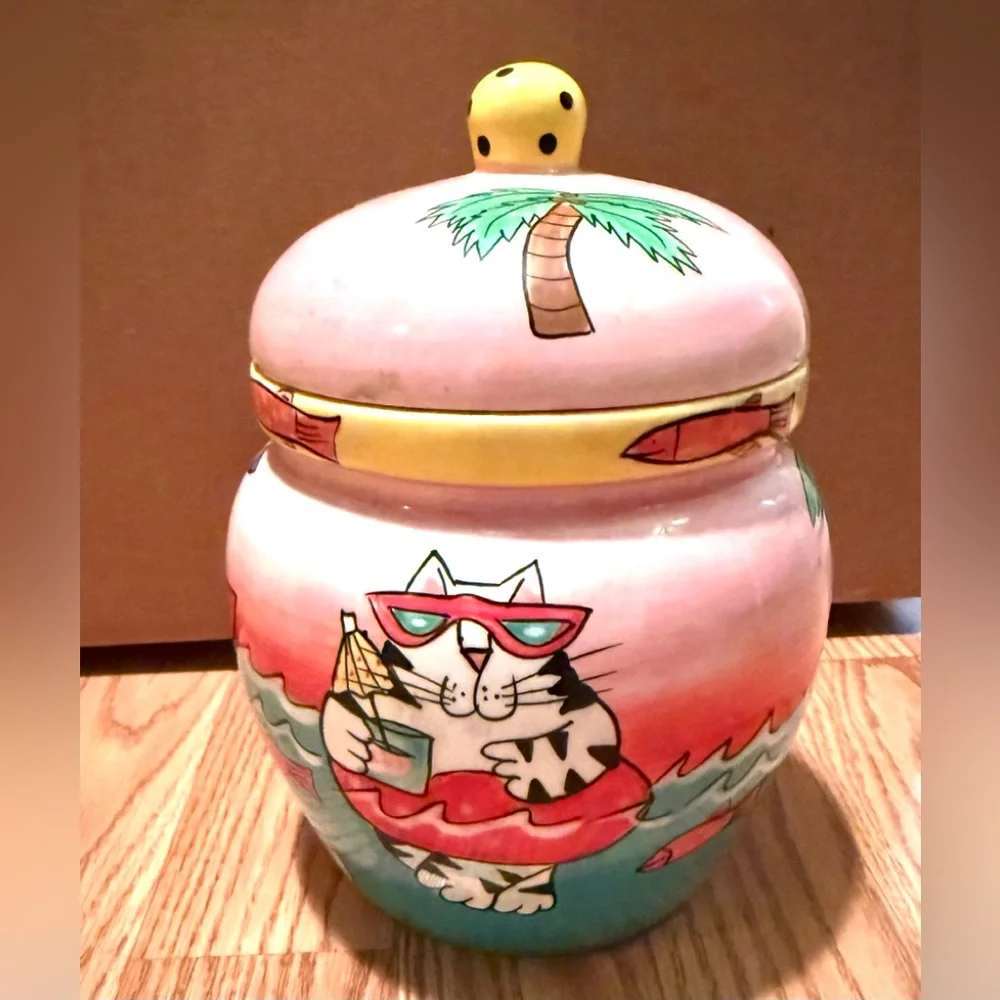 Catzilla 2003 Candace Reiter hand-painted ceramic cat treat jar or canister